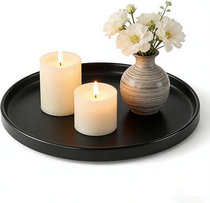 8.8" Black Ceramic Round Tray - Candle Plate Holder Tray, Decorative Vanity Trays for Bathroom Counter, Ceramic Tealight Pillar Trays, Coffee Table Decor, Perfume, Plant.