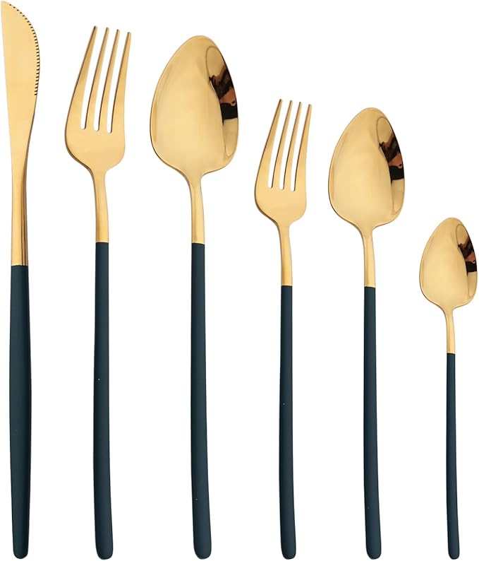 36pcs Silverware Set, 18/10 Stainless Steel Serving Flatware With Curved Handle For 6, Durable Eating Utensils For Home Entertaining, Mirror Polished (Green Gold)