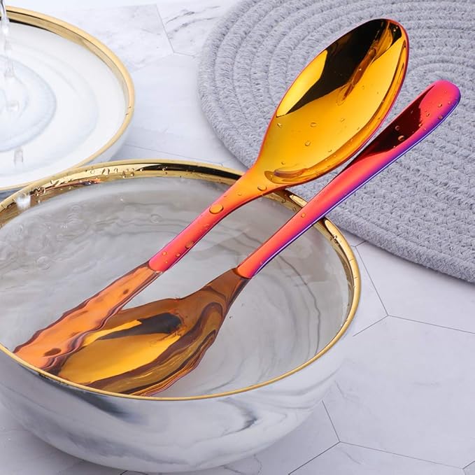 Buffet Serving Spoons, Stainless Steel 10 Inch Orange Red Server Set of 2, Large Salad Serverware Utensils, Dishwasher Safe