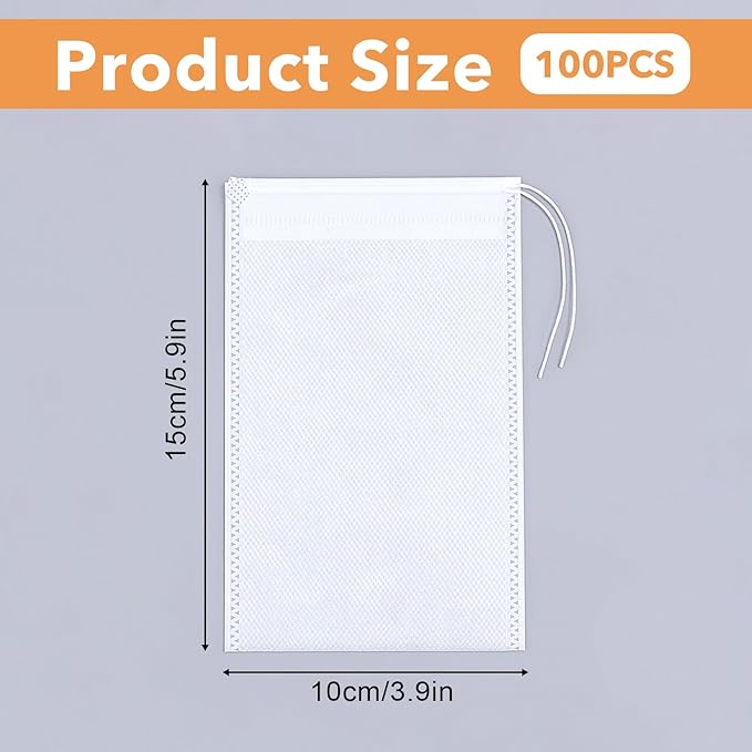 100 Pack Tea Filter Bags Tea Bag Empty Spice Bags for Cooking, Disposable Mesh Filters Drawstring Bag for DIY Craft Spices Coffee Storage Wedding Party Favor (4 x 5.9 Inches)