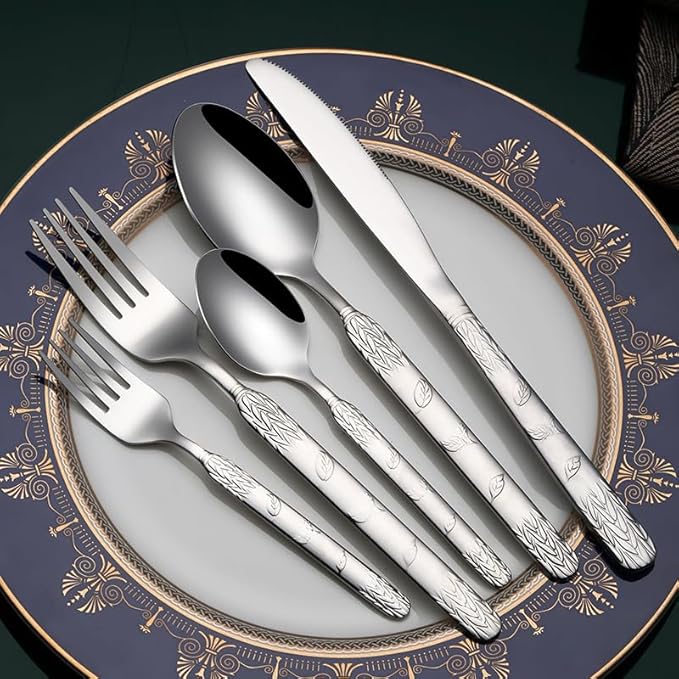 Stainless Steel Flatware Serving Set,Home Kitchen Eating Tableware Set,Dishwasher Safe,for Home Kitchen Restaurant Hote 5/20/30/40/50/60 Pieces Retro Round Handle Wheat Ear Stainless Steel Knife Fork