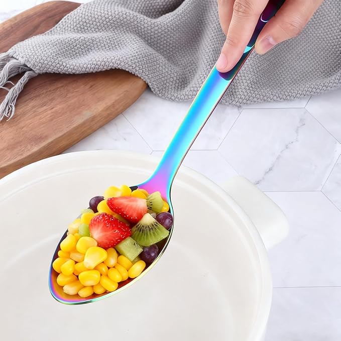 13-Inch Big Serving Spoons Set, TEHAHA Stainless Steel Long Handle Buffet Serving Spoons Set (2, Rainbow)