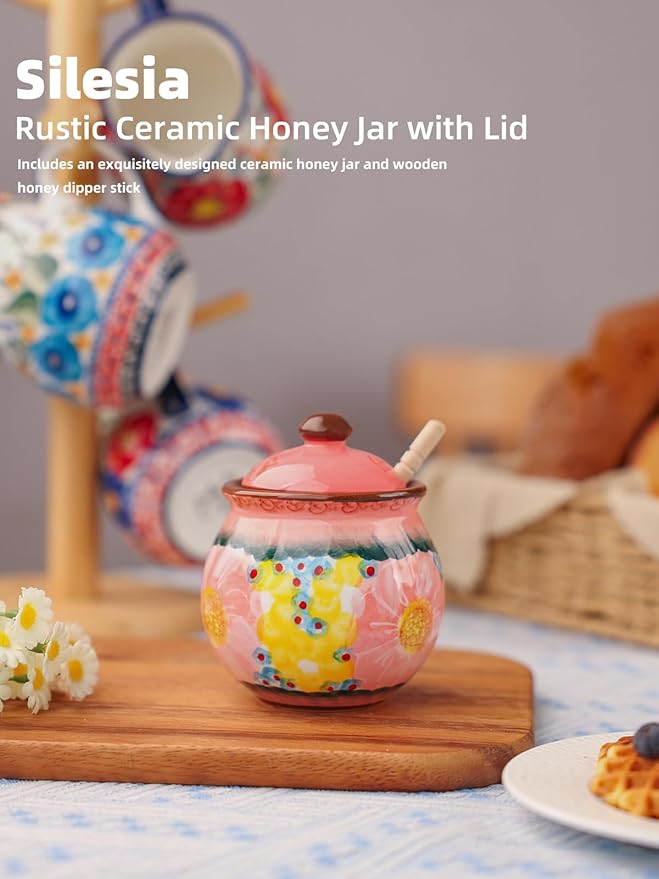 silesia Handmade Ceramic Honey Jar with Lid, 8 oz Floral Design Honey Pot with Dipper, Hand-Painted Honey Containers for Honey, Jam, or Syrup, Dishwasher Safe (Glazed Pink)