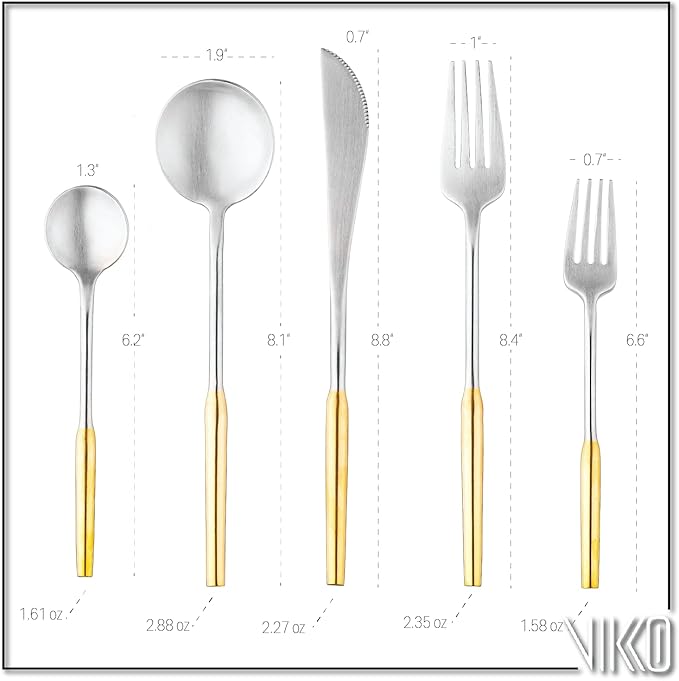 Vikko Modern Two-Tone Silverware Set: Unique Brushed Gold and Silver Flatware Set - Satin Matte - 18/10 stainless steel flatware For Upscale Dining - 20 Piece Cutlery Set - Service for Four (4)