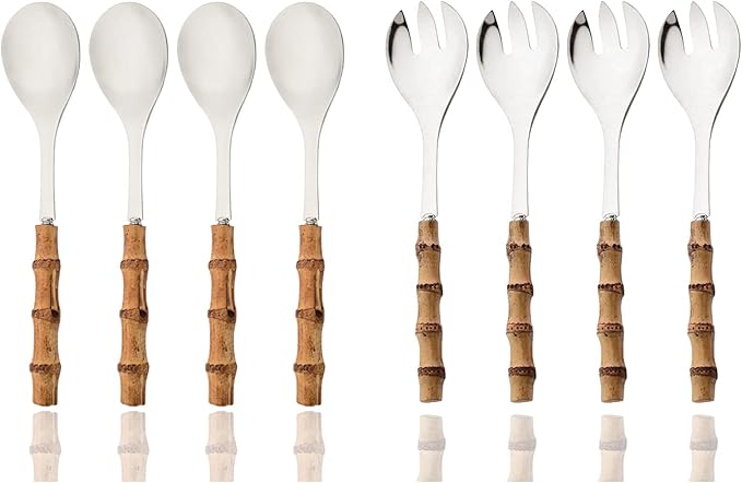 JASHII Bamboo Handle Utensils, 304 Stainless Steel Silverware Serving Spoons and Forks 4+4 Pieces, Hostess Serving Set for Buffet Party Kitchen Restaurant, Mirror & Dishwasher Safe - Silver