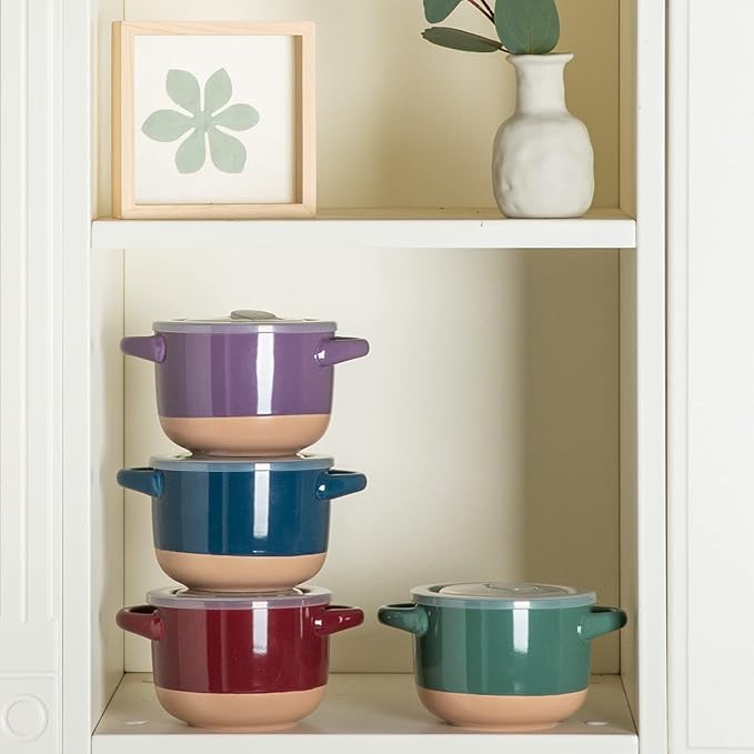 AmorArc 24 Ounces Soup Bowls with Large Handles and Lids, Stoneware Bowls Set of 2 for Soup, Cereal, Stew, Noodle, Colourful Ceramic Kitchen Bowls, Microwave&Dishwasher Safe, Green&Purple