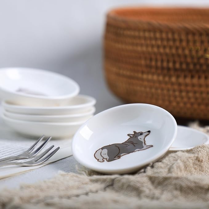 Cute Cartoon Animals Pattern Ceramic Sauce Dishes, Seasoning Dishes, Sushi Soy Dipping Bowls, Appetizer Plates, Dessert Plates, Little Cat Bird Feeding Bowls, Set of 6-Corgi-A-3.5 Inch