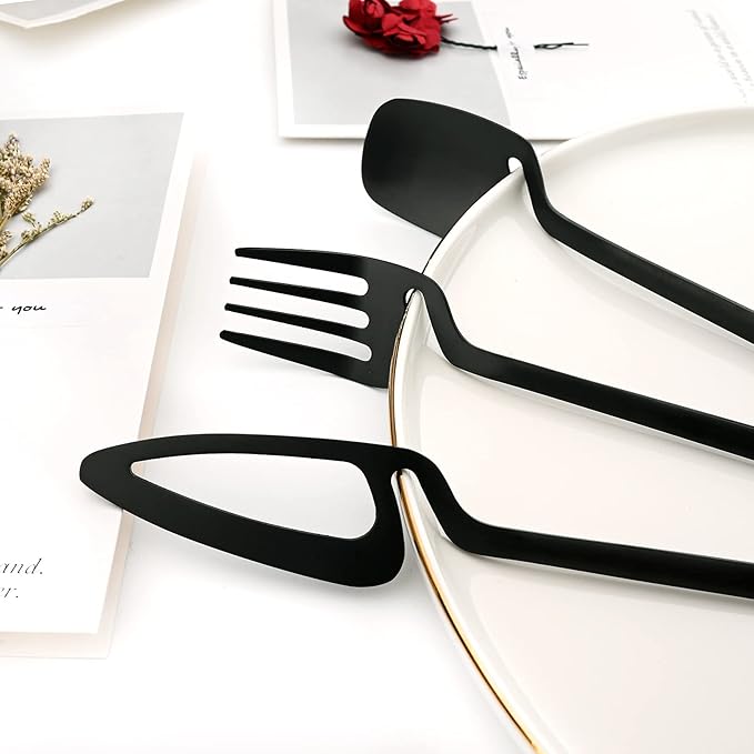 Hangable & Uinque Matte Silverware Flatware Set, 8-Pieces 18/10 Stainless Steel Cutlery Set Suitable For Family Couple Student Office Restaurant Party, Service for 2 (Black)