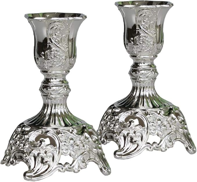 Silver Taper Candle Holders with Deluxe Engraved Design, Set of 2 Premium Metal Silver Candlestick Holders