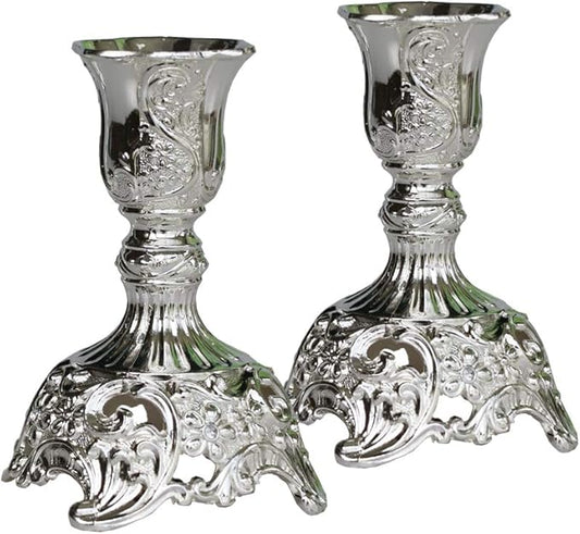 Silver Taper Candle Holders with Deluxe Engraved Design, Set of 2 Premium Metal Silver Candlestick Holders