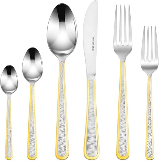 Venezia Collection "Provenza" 75-Piece Fine Flatware Set, Silverware Cutlery Dining Service for 12, Premium 18/10 Surgical Stainless Steel, 24K Gold-Plated Hostess Serving Set