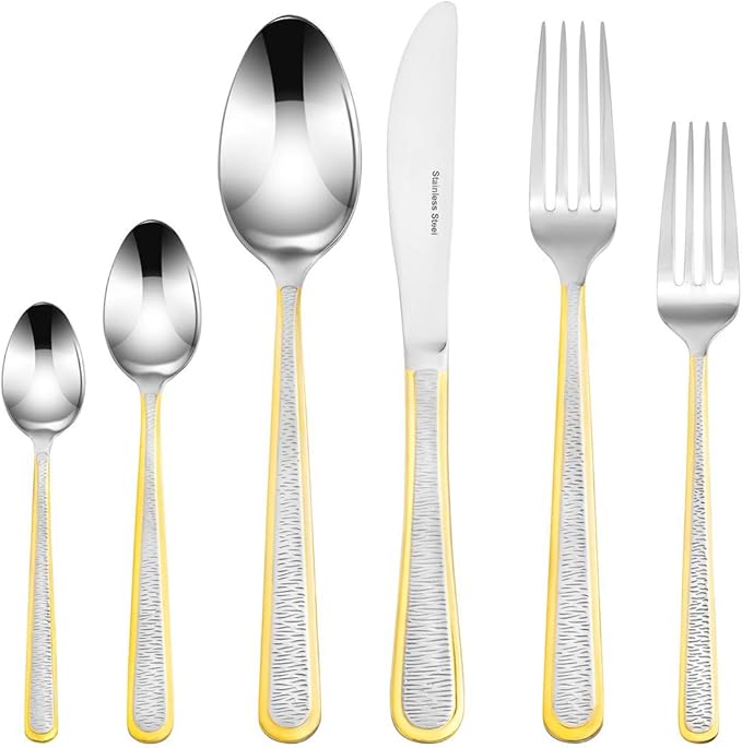 Venezia Collection "Provenza" 75-Piece Flatware Set, Silverware Cutlery Dining Service for 12, Premium 18/10 Surgical Stainless Steel, 24K Plated Hostess Serving Set w/Wood Flatware Chest
