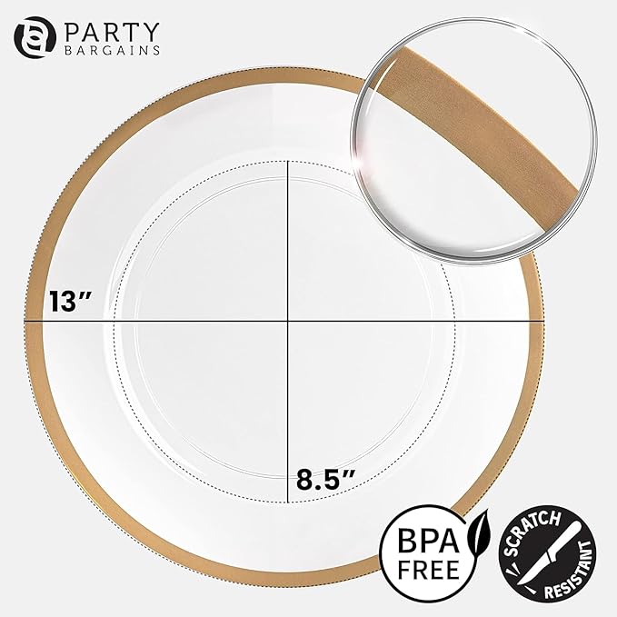 PARTY BARGAINS 13-Inch Charger Plates - 48 Pack, Clear Gold Rim, Heavy-Duty Disposable Chargers for Elegant Dining - Ideal for Weddings and Formal Events