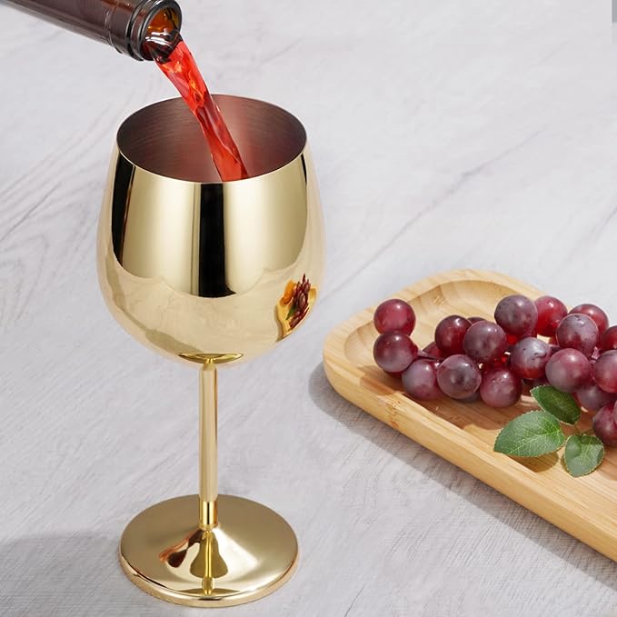 Lifecapido Stainless Steel Wine Glasses Set of 4, 18oz Stainless Steel Wine Goblets, Stemmed Metal Wine Glasses with Cup Brush for Party Office Wedding Anniversary, Great for Red White Wine (Gold)