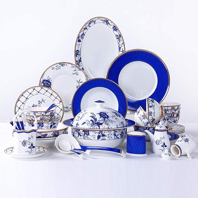 Porcelain Dinner Set Home Tableware Set Ceramics Dinner Sets, 60 Pieces Upscale Bone China Dinnerware Set Plate/Bowl/Soup Pot - Blue and White Porcelain Combination Set for Family