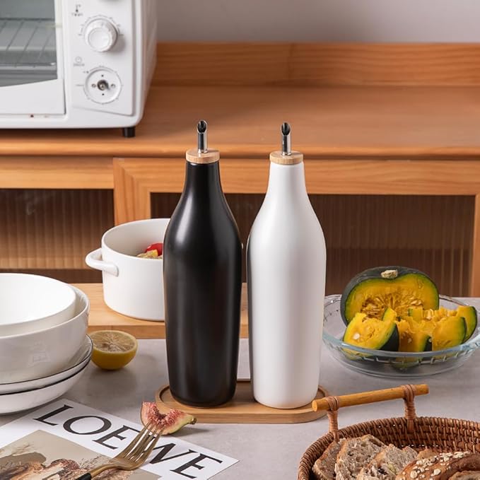 Sweejar Matte Ceramic Olive Oil Dispenser Bottles with Bamboo Tray,17 Oz Oil Dispenser Set for Kitchen Counter, Opaque Oil Cruet for Cooking, EVOO,Vinegar,Avocado Oil,Pack of 2 (Black White & Tary)