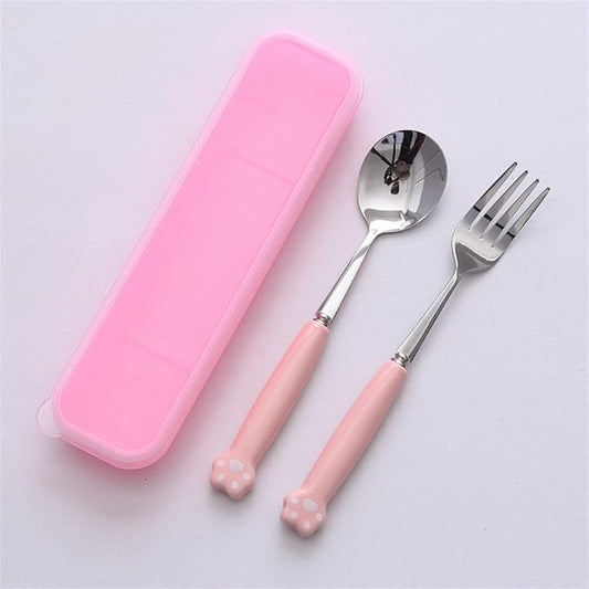 Cute Silverware Set, Cat Paw Ceramic Handle Dinnerware Set Flatware Kitchen Accessories Camping Travel Sets Fork Spoon Chopstick Portable Cutlery Sets with Case, Black Pink Blue Yellow Green