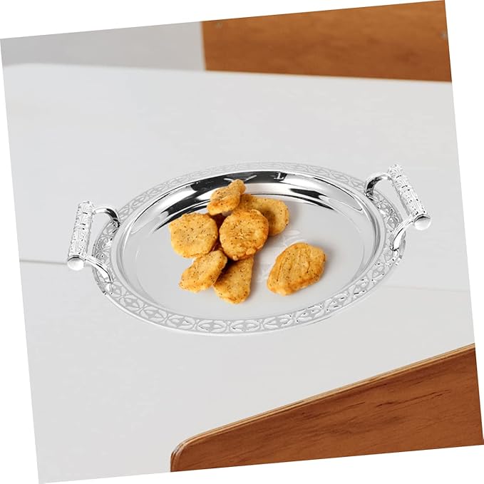 European Style Round Serving Tray Elegant Snack Plate for Fruits Desserts and Treats Multi-Functional Dish for Home and Events Silver Pattern Design