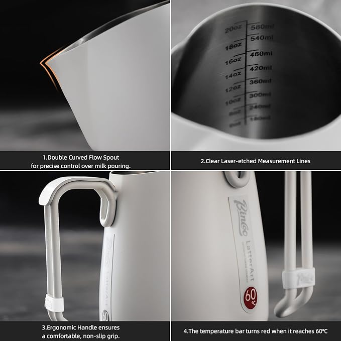 Bincoo Espresso Milk Frothing Pitcher Stainless Steel 20oz/600ML Coffee Milk Frother Cup-Milk Frothing Pitcher with Measurement Lines,Ergonomic Handle for Latte Art & Cappuccino(White)
