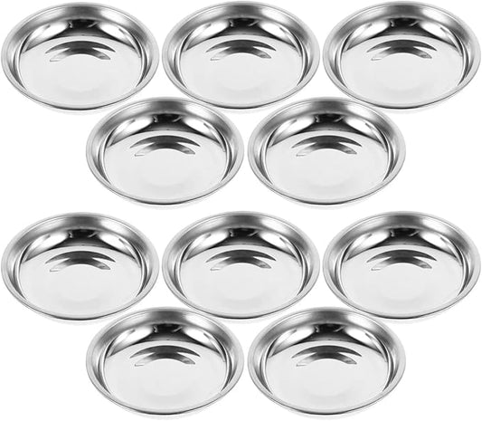 Hemoton 10PCS Stainless Steel Sauce Dishes,Mini Saucers Dipping Bowls,Small Appetizer Tray,Seasoning Dishes Sushi Saucers Bowl Appetizer Plates,Mini Cat Food Bowl,Cat Food and Water Dish,8X8CM