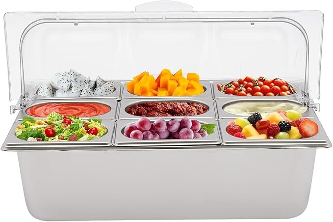 9 Pans Countertop Food Serving Display Container, Stainless Steel Flip-Top Fruit Tray with Clear Roll Top Cover, Buffet Chilled Condiment Container for Restaurant Hotel Kitchen