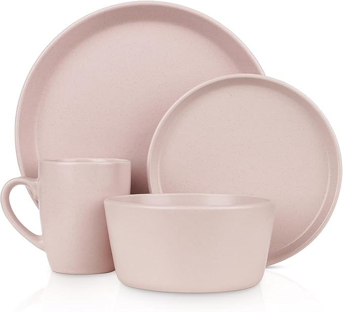 Stone Lain Albie Stoneware 16-Piece Modern Dinnerware Set, Kitchen Plates and Bowls Sets, Service for 4, Pink, Microwave & Dishwasher Safe