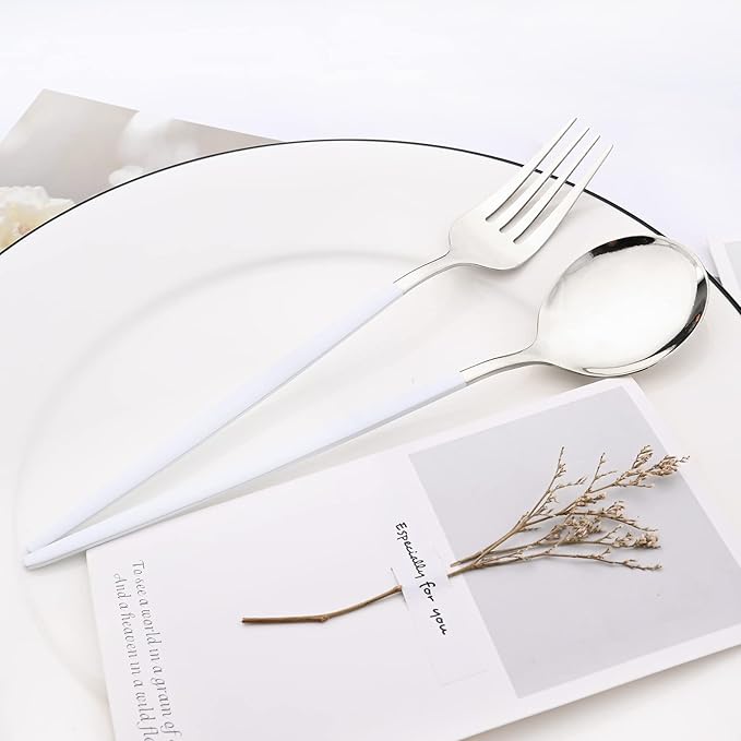 32 pcs Splicing Color handle Cutlery Set, Mirror Silver 18/0 Stainless Steel Flatware Set For 8, Metal Tableware Kitchen Utensils Include Dinner Knife/Fork/Spoon/Teaspoon, White Silver