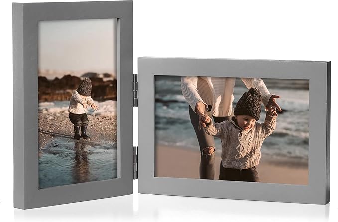 4x6 Double Hinged Picture Frame Folding Photo Frame Vertical and Horizontal in Gray Pine Wood with Real Glass for Tabletop P-HUI-SH46