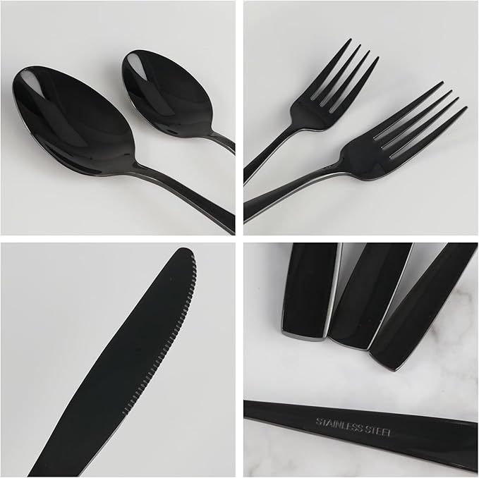 Black Flatware Set, 60-Piece Stainless Steel Silverware Cutlery Set for 12