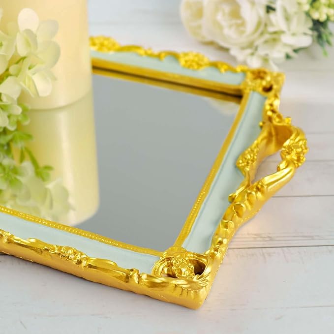 Efavormart Metallic Gold/Mint Green Resin Decorative Serving Tray - Rectangle Mirrored Vanity Tray - 15"x10"