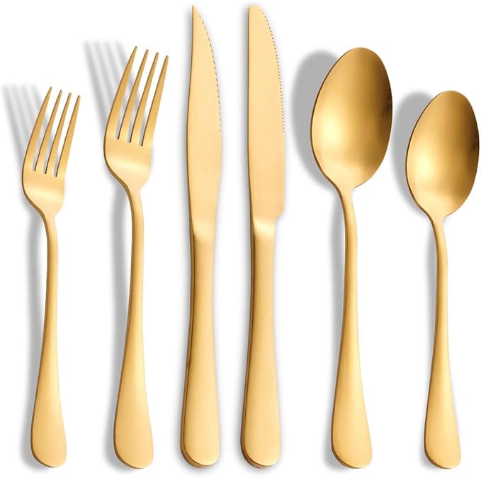 24-Pieces Matte Gold Silverware Set with Steak Knives,Stainless Steel Flatware Set,Cutlery Set Service for 6, Tableware Kitchen Utensil Set,Dishwasher Safe