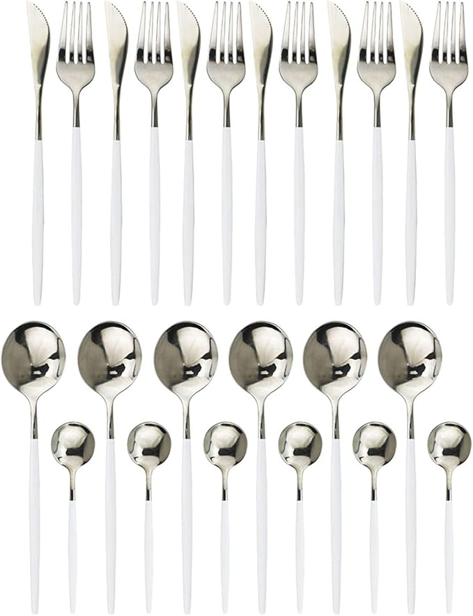 JASHII 24 Piece Titanium White Plated Stainless Steel Flatware Set, Flatware Set, Cutlery Set Service for 6 (White Handle, Shiny Silver)