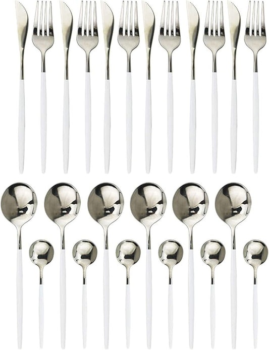 JASHII 24 Piece Titanium White Plated Stainless Steel Flatware Set, Flatware Set, Cutlery Set Service for 6 (White Handle, Shiny Silver)