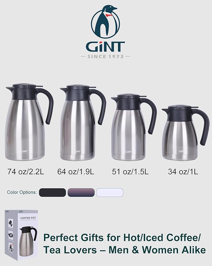 GiNT 51Oz Stainless Steel Thermal Coffee Carafe with Lid/Double Walled Vacuum Thermal Carafe / 12 Hour Heat Retention (Silver, 1.5L)