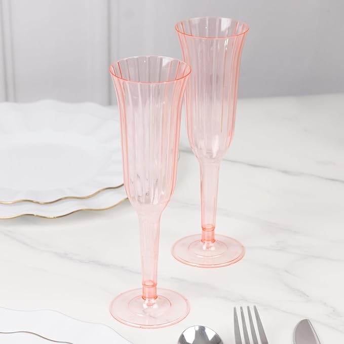 TCF Linen 12 Pack Transparent Blush Plastic Champagne Flutes, 6oz Flared Disposable Glasses Elegant Reusable Look Shatterproof Stemware for Weddings Parties Catering Toasts