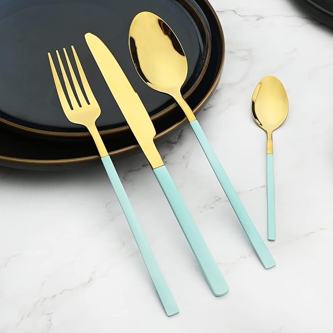 24-Piece Flatware Set, 18/0 Stainless Steel Knife Fork Spoon Teaspoon Silverware Set, Service for 6, Mint Green slender handle Gold