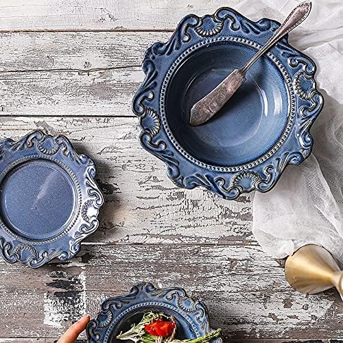 Cutlery Set Retro Ceramic Tableware Dishes Set European Relief Western Dinnerware Dish Salad Bowl Soup Noodles Bowl Dinnerware Series (Color : Blue Size : Style4) (Blue Style4) (Blue Style3)