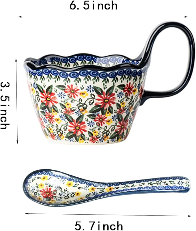 OZY Handpainted Soup Bowl with Handle,Ceramic Cereal Bowl Great for Soup, Ice cream, Fruits,Snack,Microwave &Dishwasher Safe (Daisy,Spoon)