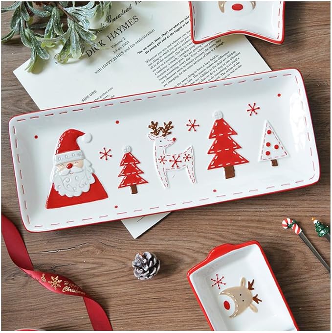 Christmas Ceramic Appetizer Plates for Tapas, Salad, Appetizer, Dishwasher Safe, Microwave Safe, Freezer Safe (Pine plate 22.4 * 19.8 * 2.2cm)
