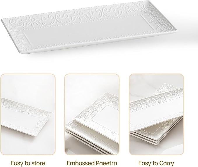 Rectangular Embossed Serving Platter Set, 12 Inch Large Serving Plates, Stackable Serving Tray for Wedding, Ceramic White Serving Platters for Entertaining, Dishwasher & Oven Safe (4PCS)