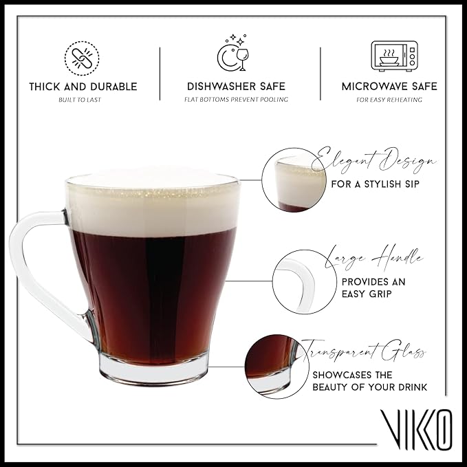 Vikko 9 Ounce Glass Coffee Mugs, Thick and Durable For Coffee, Tea, Cider, Great for Layered Drinks, Microwave and Dishwasher Safe, Set of 12 Clear Glass Mugs, 3.4” Diameter x 3.8” Tall