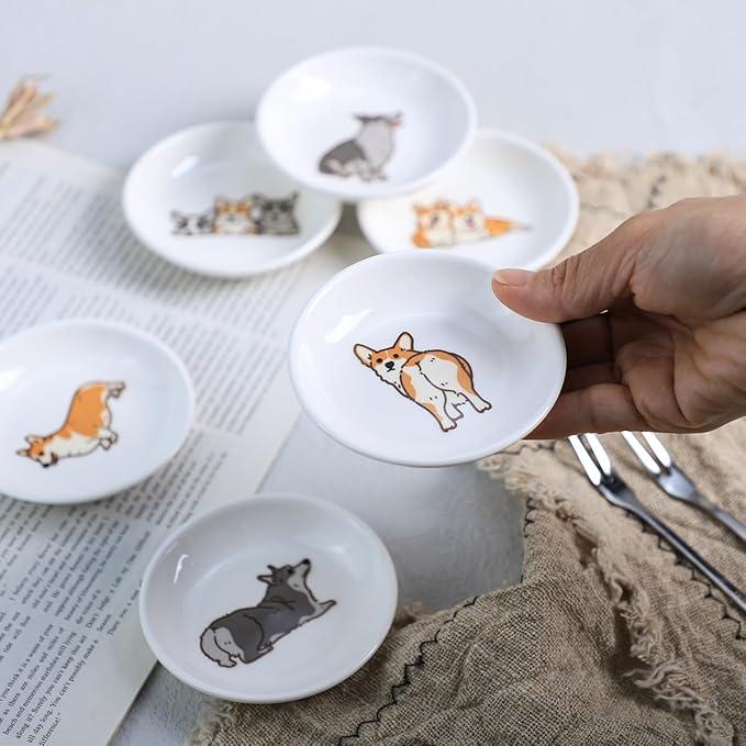 Cute Cartoon Animals Pattern Ceramic Sauce Dishes, Seasoning Dishes, Sushi Soy Dipping Bowls, Appetizer Plates, Dessert Plates, Little Cat Bird Feeding Bowls, Set of 6-Corgi-A-3.5 Inch