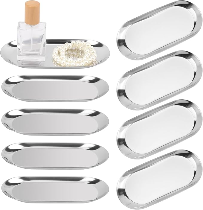 12 Pack 7 Inch Oval Stainless Steel Decorative Tray, Stainless Steel Tea Fruit Tray, 7 inch Silver Oval Trays for Bathroom Vanity, Jewelry, Perfume & Key Organizer (Silver)