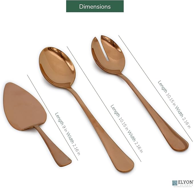 Elyon 3-Piece Copper Flatware Serving Spoons, Stainless Steel Hostess Set, Reflective Mirror Finish, Salad Servers with Complimentary Pie Pastry Server, Reusable Dishwasher Safe