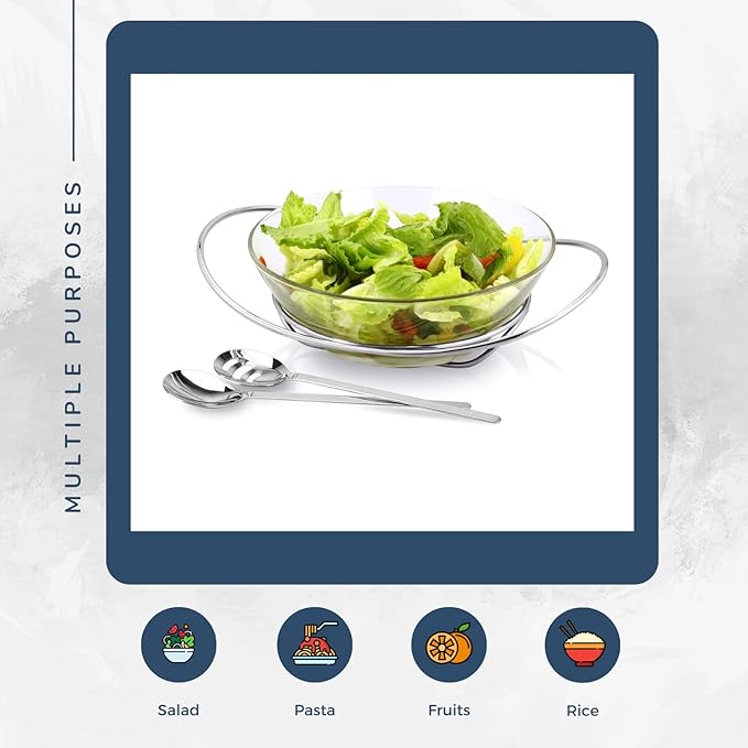 Regent 18/10 CONTEMPO Chromeplated 9.8”inch 25cm Salad Bowl with Stainless Steel Servers, Big Salad Bowls with Perfect for Fruits, Vegetable or Salads