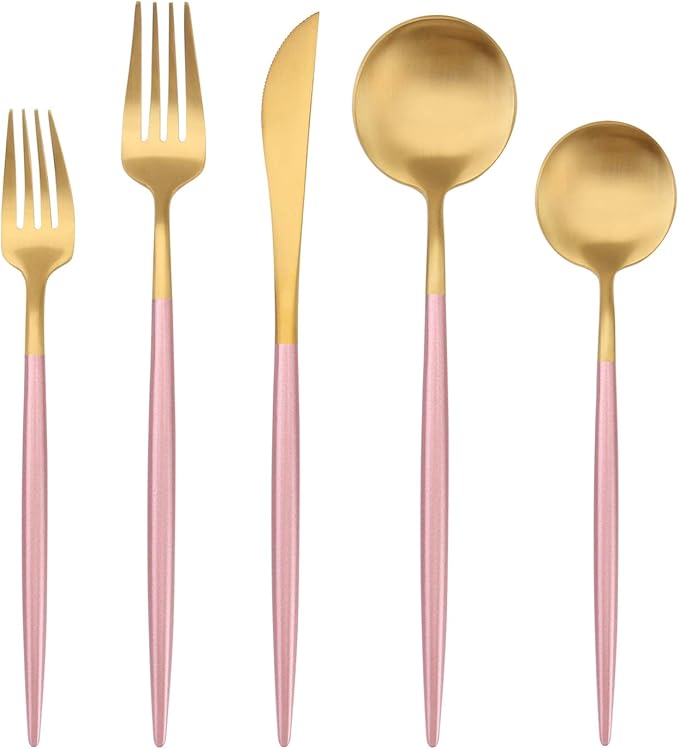 Bysta 5-Piece Stainless Steel Flatware Set, Matte Gold Silverware Set with pink handle, Kitchen Utensil Set Service for 1, Tableware Cutlery Set for Home and Restaurant, Dishwasher Safe