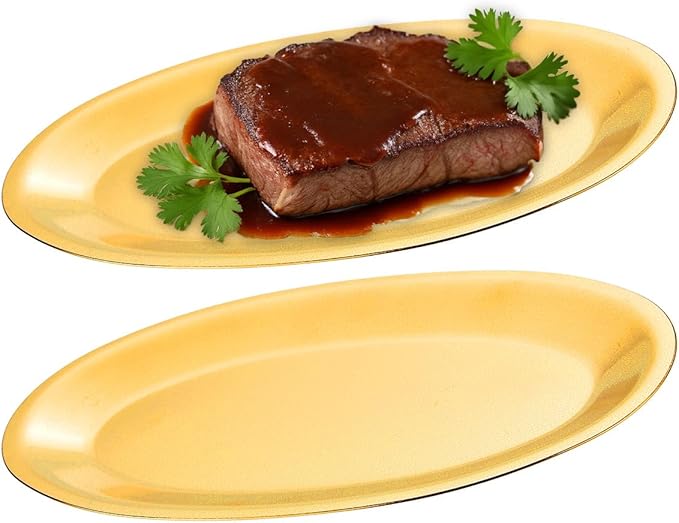 SANQIAHOME 10.9x6.7 Inch Thick Stainless Steel Dinner Plate 2-Piece Set, Egg-Shaped Appetizer Plate,Gold