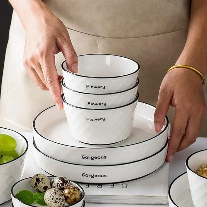 60 Pieces White Dinnerware Set Dishes - Dinner Plates and Bowls Sets Service for 12, Luxury Ceramic Dishes Set, Nordic Style Black Line Diamond Pattern, for Family Friend (White 60 Pcs)