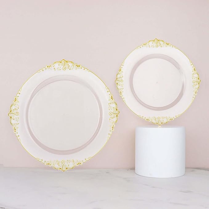 10" Dinner Plates -Set of 30 - Plastic Clear Gold Round Baroque Disposable Chargers Leaf Embossed Rim, Ideal for Dinner Party Wedding Bulk Events