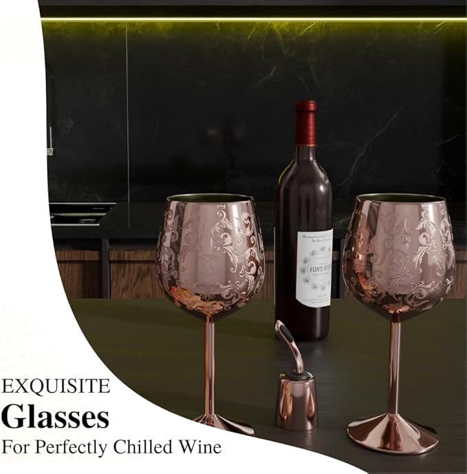 17oz Stainless Steel Wine Glasses | Gift for Mother's Day [Set of 2]–Rose Gold Royal Goblets with Intricate Baroque Engravings, Unbreakable and Shatterproof Wine Cups with Bottle Stopper